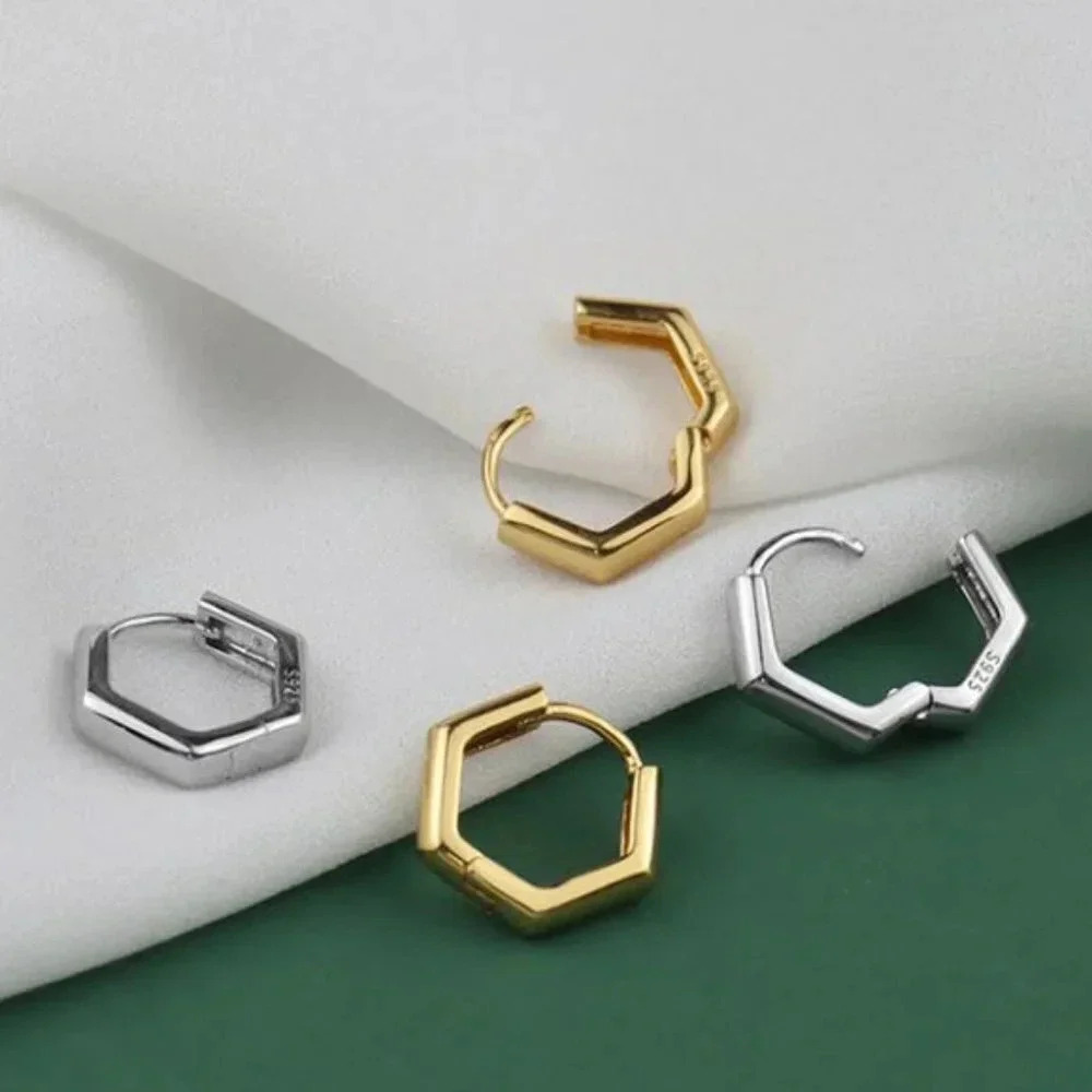 925 Sterling Silver Hexagon Huggie Earrings